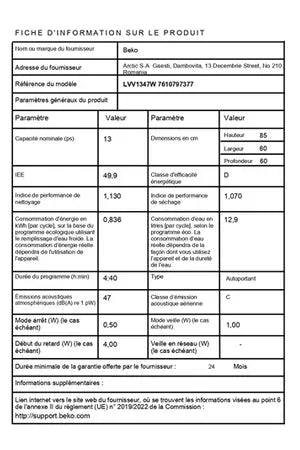 Lave-vaisselle Beko LVV1347W