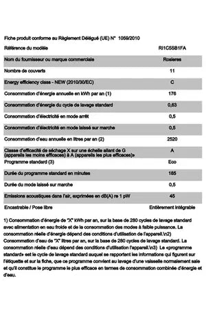 Lave-vaisselle Rosieres RI1C5SB1FA-47 - ENCASTRABLE 45 cm